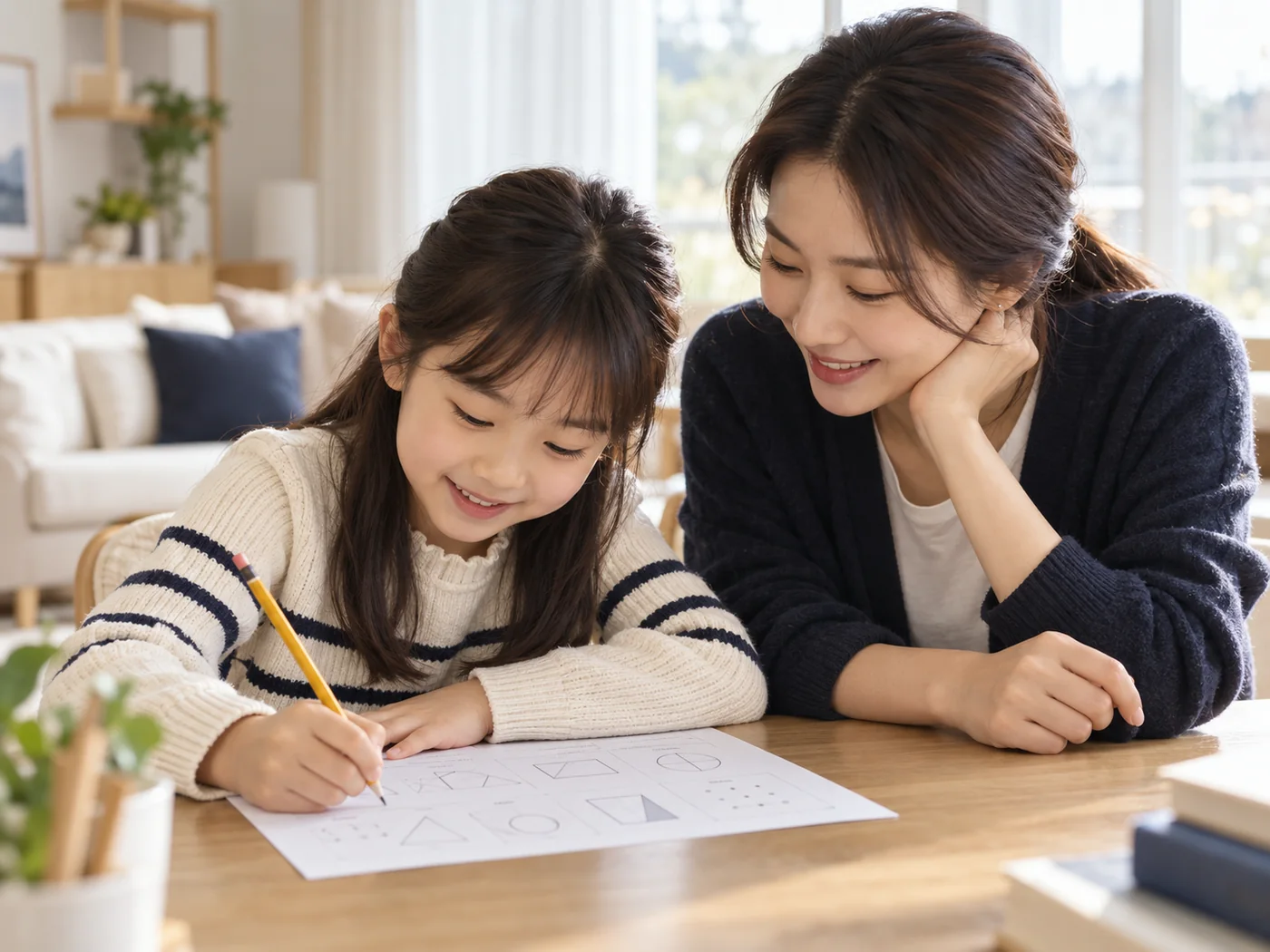 엄마 옆에서 학습지에 자기 생각을 쓰는 초등학생 아이